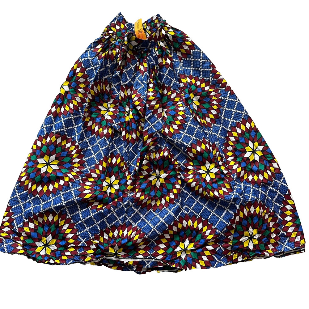 Ankara Long Maxi Skirt with Pockets Mosaic Abstract Blue Red Yellow One Size